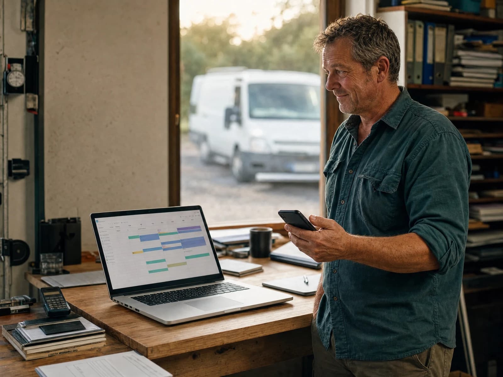 Trade business owner reviewing his job schedule in his workshop